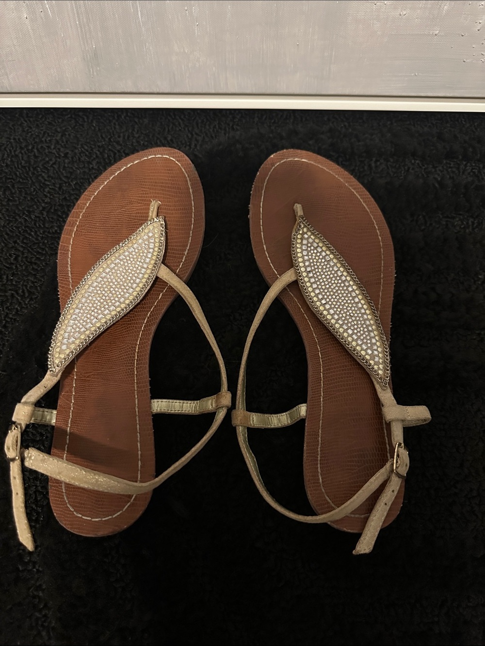 Women's Gold Embellished T-Strap Sandals